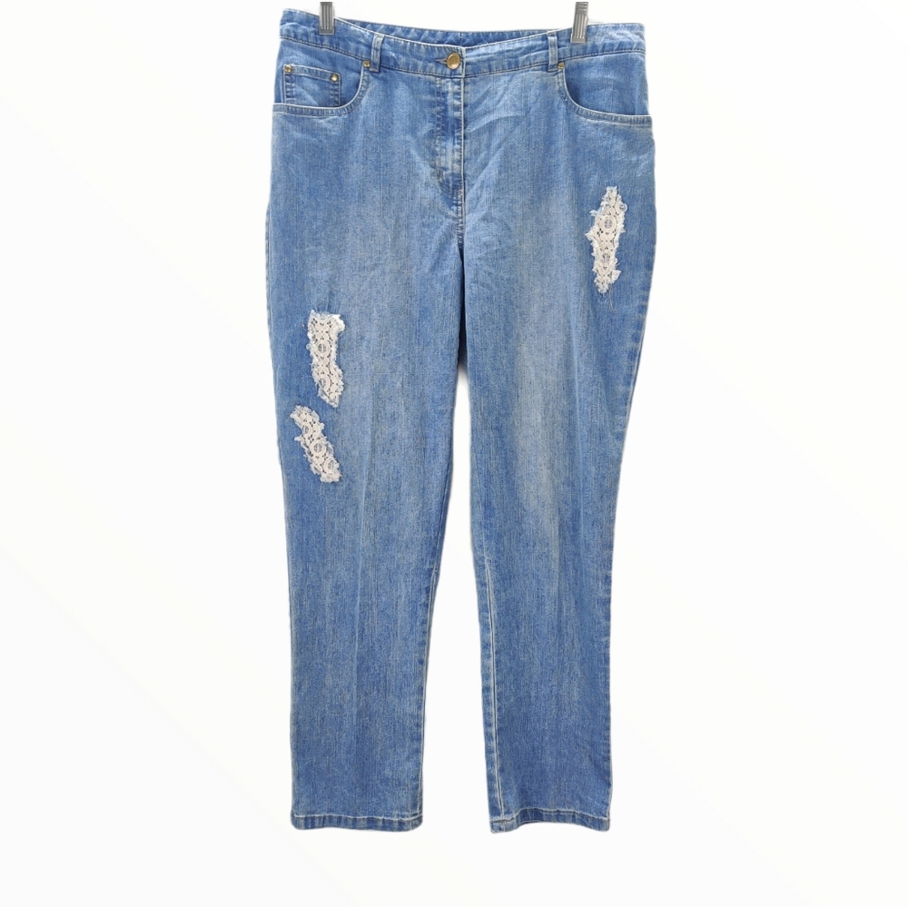 Ruby Rd. High Rise Distressed Lace Patch Jeans 10